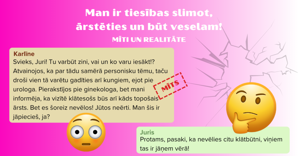 Attēls ar tekstu. Teksts: Man ir tiesības slimot, ārstēties un būt veselam! Mīti un realitēte. Karlīne: "Svieks, Juri! Tu varbūt zini, vai un ko varu iesākt!? Atvainojos, ka par tādu samērā personisku tēmu, taču droši vien tā varētu gadīties arī kungiem, ejot pie urologa. Pierakstījos pie ginekologa, bet mani informēja, ka vizītē klātesošs būs arī kāds topošais ārsts. Bet es šoreiz nevēlos! Jūtos neērti. Man šis ir jāpiecieš, ja?" Juris: "Protams, pasaki, ka nevēlies citu klātbūtni, viņiem tas ir jāņem vērā!" Attēlā divas emocijikonas. Viena sejinā ar plaši izplestām acīm, izbrīnīta, otra - domīga.