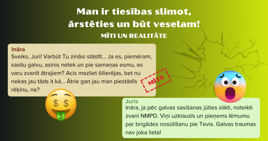 Attēls ar tekstu. Teksts: Man ir tiesības slimot, ārstēties un būt veselam! Mīti un reliatāte. Ināra: "Sveiks, Juri! Varbūt Tu zināsi stāstīt... Ja es, piemēram, sasitu galvu, asinis netek un pie samaņas esmu, es varu zvanīt ātrajiem? Acis mazliet šilierējas, bet nu nekas jau tāds it kā... Ātrie gan jau man piestādīs rēķinu, ne? (mīts)" Juris: "Ināra, ja pēc galvas sasišanas jūties slikti, noteikti zvani NMPD. Viņi uzklausīs un pieņems lēmumu par brigādes nosūtīšanu pie Tevis. Galvas traumas nav joka lieta!" Attēlā divas emocijikonas. Viens smaidiņš, kam acu vietā ir naudas (dolāru) simboliņi, otra seja šokā palikusi zilgana un pavērtu muti.