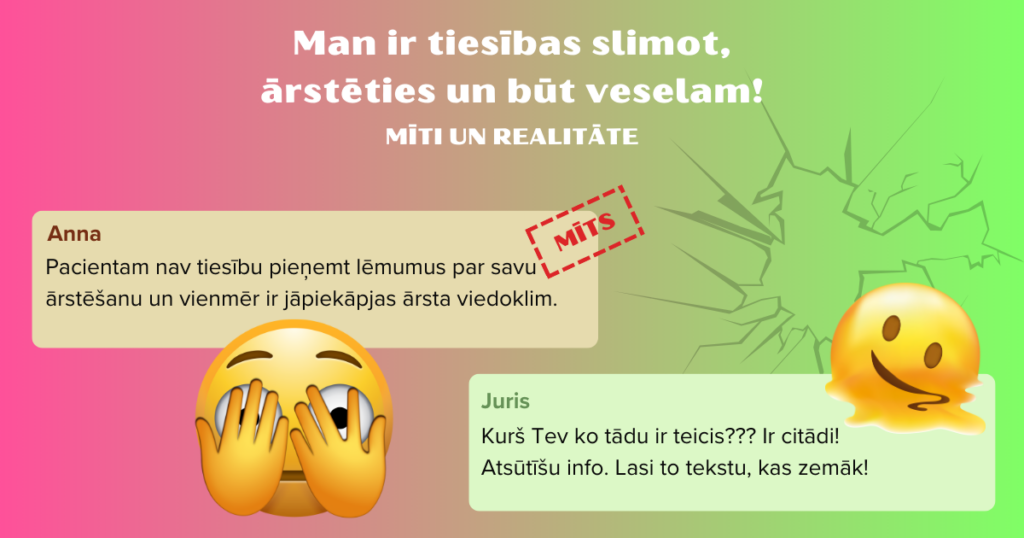 Kampaņas "Man ir tiesības slimot, ārstēties un būt veselam! Mīti un realitāte" attēls ar tekstu. Teksts. Anna: Pacientam nav tiesību pieņemt lēmumus par savu ārstēšanu un vienmēr ir jāpiekāpjas ārsta viedoklim. Juris: Kurš Tev ko tādu ir teicis??? Ir citādi! Atsūtīšu info. Lasi to tekstu, kas zemāk! Attēlā arī divas emocijikonas. Viena, kura aizsegusi seju. Otra, kura izkūst.