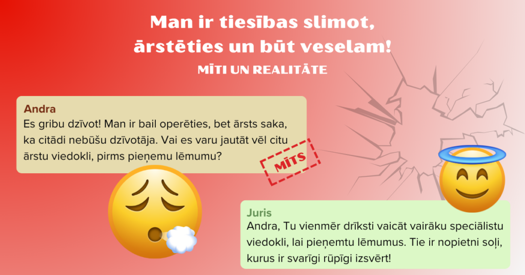 Attēls ar tekstu. Teksts: Man ir tiesības slimot, ārstēties un būt veselam. Mīti un realitāte. Andra: Es gribu dzīvot! Man ir bail operēties, bet ārsts saka, ka citādi nebūšu dzīvotāja. Vai es varu jautāt vēl citu ārstu viedokli, pirms pieņemu lēmumu?"(mīts) Juris: "Andra, Tu vienmēr drīksti vaicāt vairāku speciālistu viedokli, lai pieņemtu lēmumus. Tie ir nopietni soļi, kurus ir svarīgi rūpīgi izsvērt!" Divas emocijikonas - viena, kurā smaidiņš smagi nopūšas, otra - smaidiņš ir kā eņģelis.