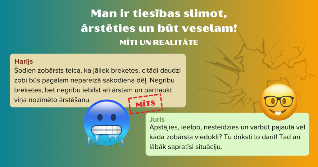 Attēls ar tekstu. Teksts: Man ir tiesības slimot, ārstēties un būt veselam. Mīti un reālitāte. Harijs: "Šodien zobārsts teica, ka jāliek breketes, citādi daudzi zobi būs pagalam nepareizā sakodiena dēļ. Negribu breketes, bet negribu iebilst arī ārstam un pārtraukt viņa nozīmēto ārstēšanu."(mīts) Juris: "Apstājies, ieelpo, nesteidzies un varbūt pajautā vēl kāda zobārsta viedokli? Tu drīksti to darīt! Tad arī lābāk sapratīsi situāciju." Attēlā divas emociju ikonas - smaidiņi. Viens, kurš it kā sastindzis no aukstuma, plaši pavērtiem zobiem. Otrs - gudrais smaidiņš ar brillēm.