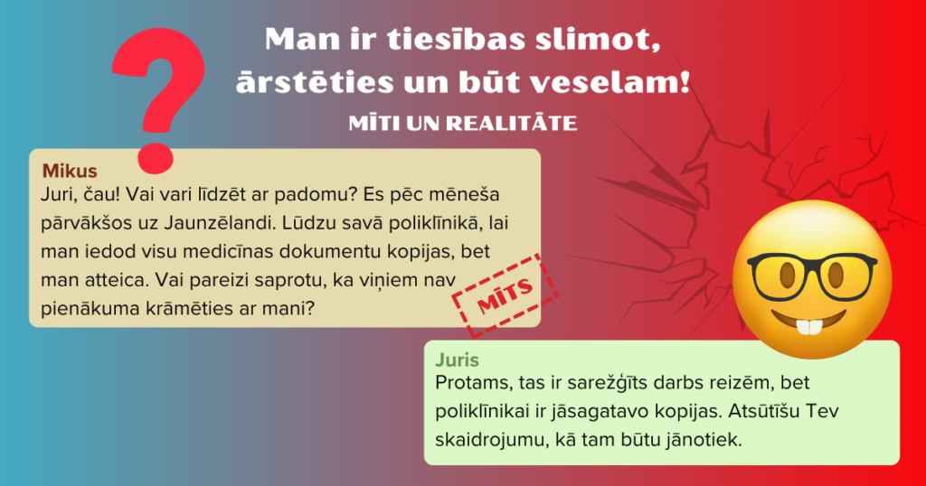 Attēls ar tekstu. Teksts: "Man ir tiesības slimot, ārstēties un būt veselam. Mīti un realitāte."Mikus: "Juri, čau! Vai vari līdzēt ar padomu? Es pēc mēneša pārvākšos uz Jaunzēlandi. Lūdzu savā poliklīnikā, lai man iedod visu medicīnas dokumentu kopijas, bet man atteica. Vai pareizi saprotu, ka viņiem nav pienākuma krāmēties ar mani? (mīts)" Juris: "Protams, tas ir sarežģīts darbs reizēm, bet poliklīnikai ir jāsagatavo kopijas. Atsūtīšu Tev skaidrojumu, kā tam būtu jānotiek." Attēlā divas emocijzīmes - viena liela, sarkana jautājuma zīme un otra smaidiņš ar brillēm.